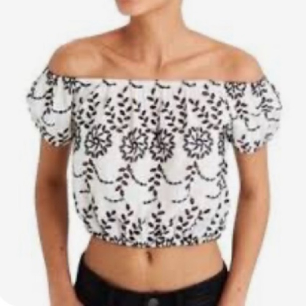 American Eagle Black & White Embroidery Off-Shoulder Crop Boho Peasant Blouse XS